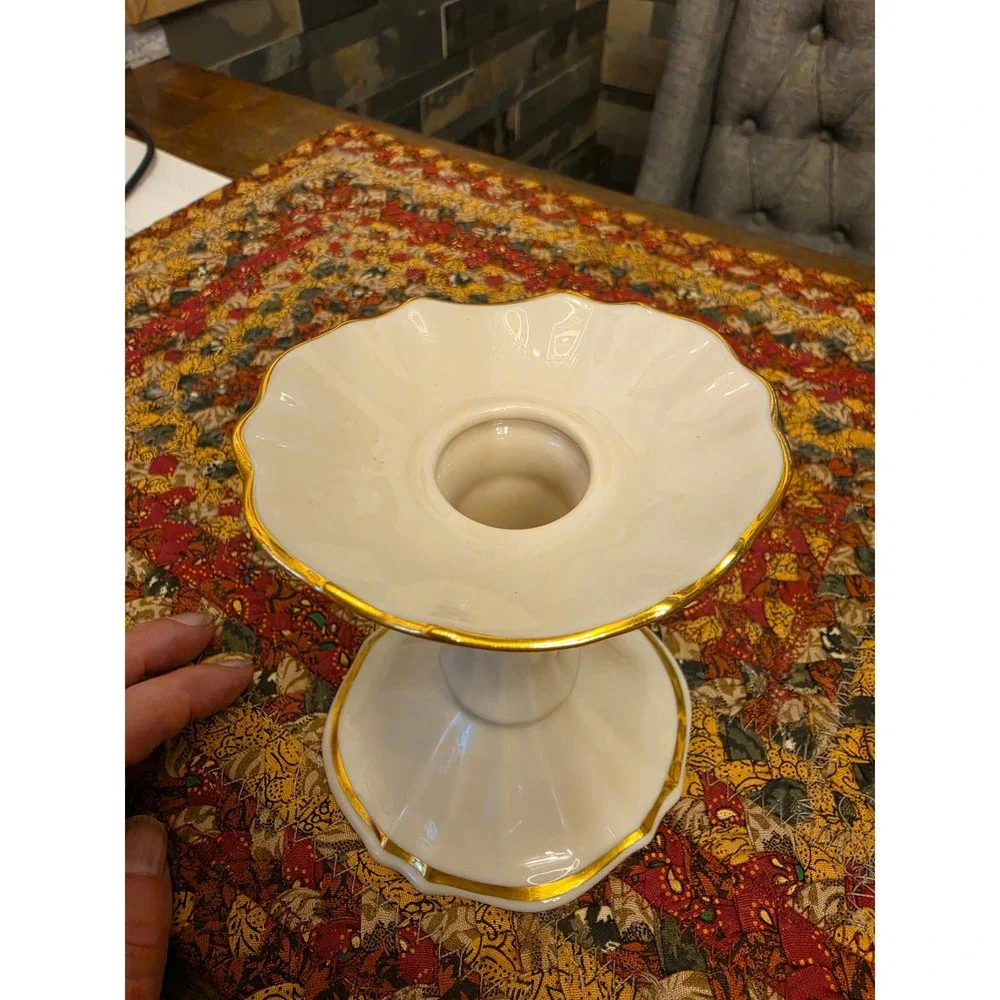Lenox Symphony Ivory China Candlestick Holder Gold Trim Scalloped Made in USA 5